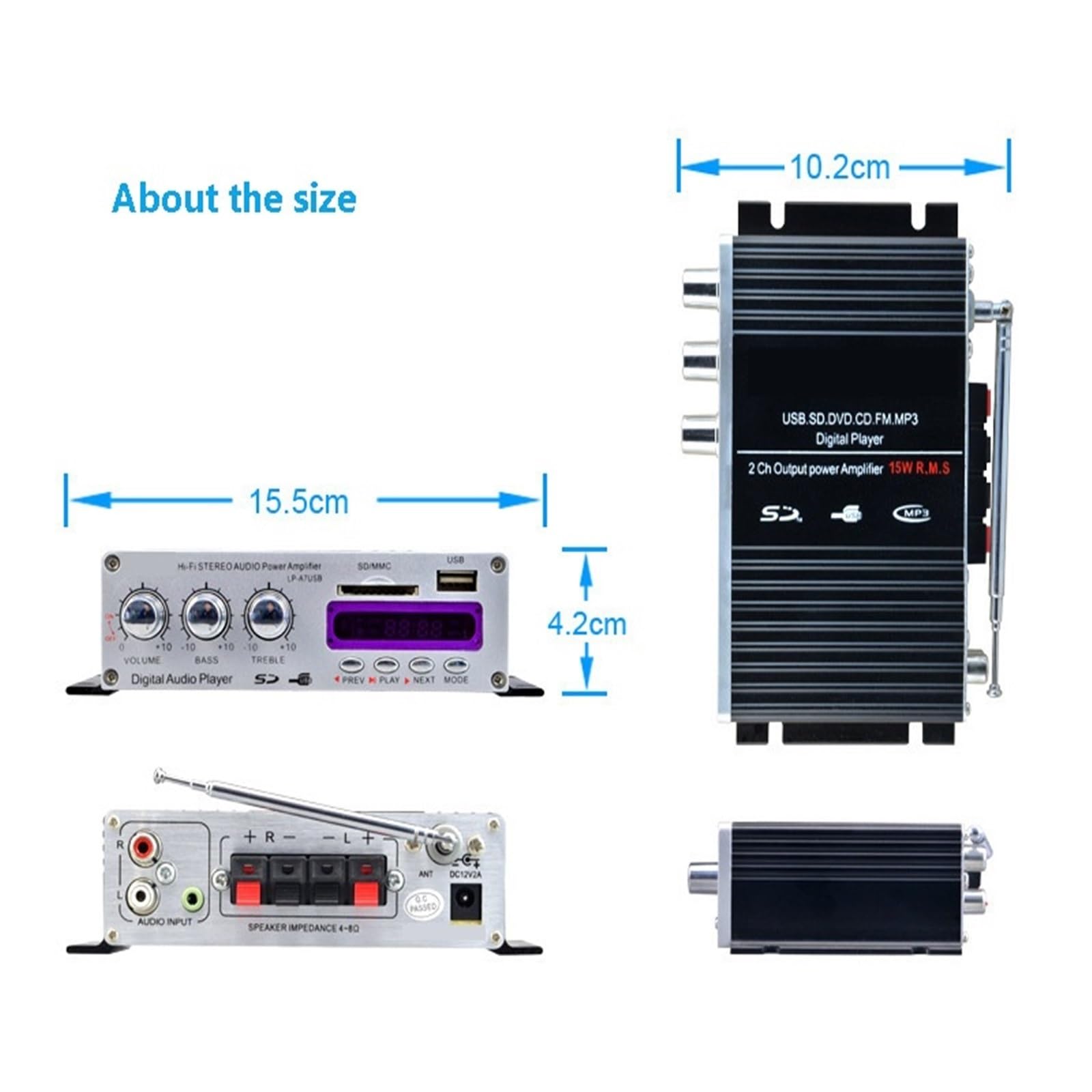 Wzmacniacze Mocy Bluetooth Z Kablem Zasilającym I Audio Odtwarzacz Wielofunkcyjny Do Samochodu Domowego Precyzyjne Strojenie(With power adapter)