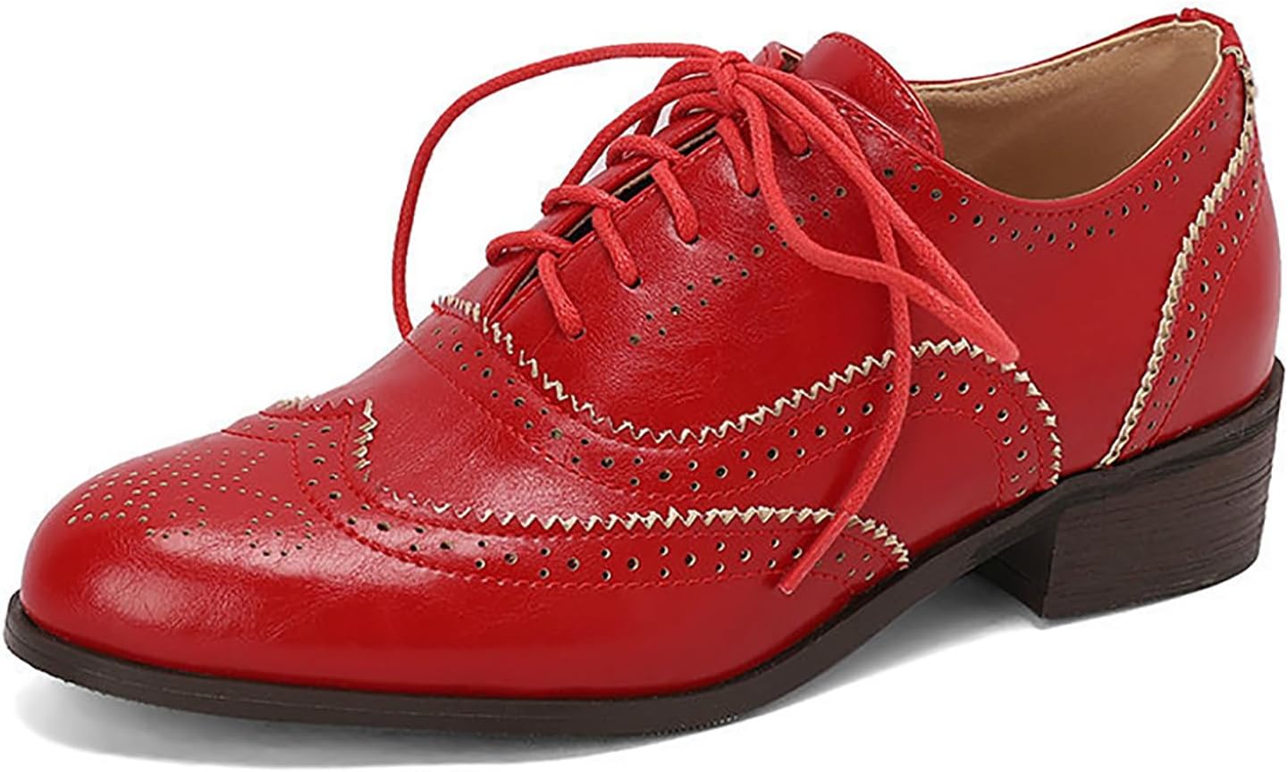Women's Leather Wingtip Lace Up Brogue Oxfords Comfort Breathable Pointed Toe Low Top Chunky Heels Shoes Vintage Business Work Derby Dress Shoes
