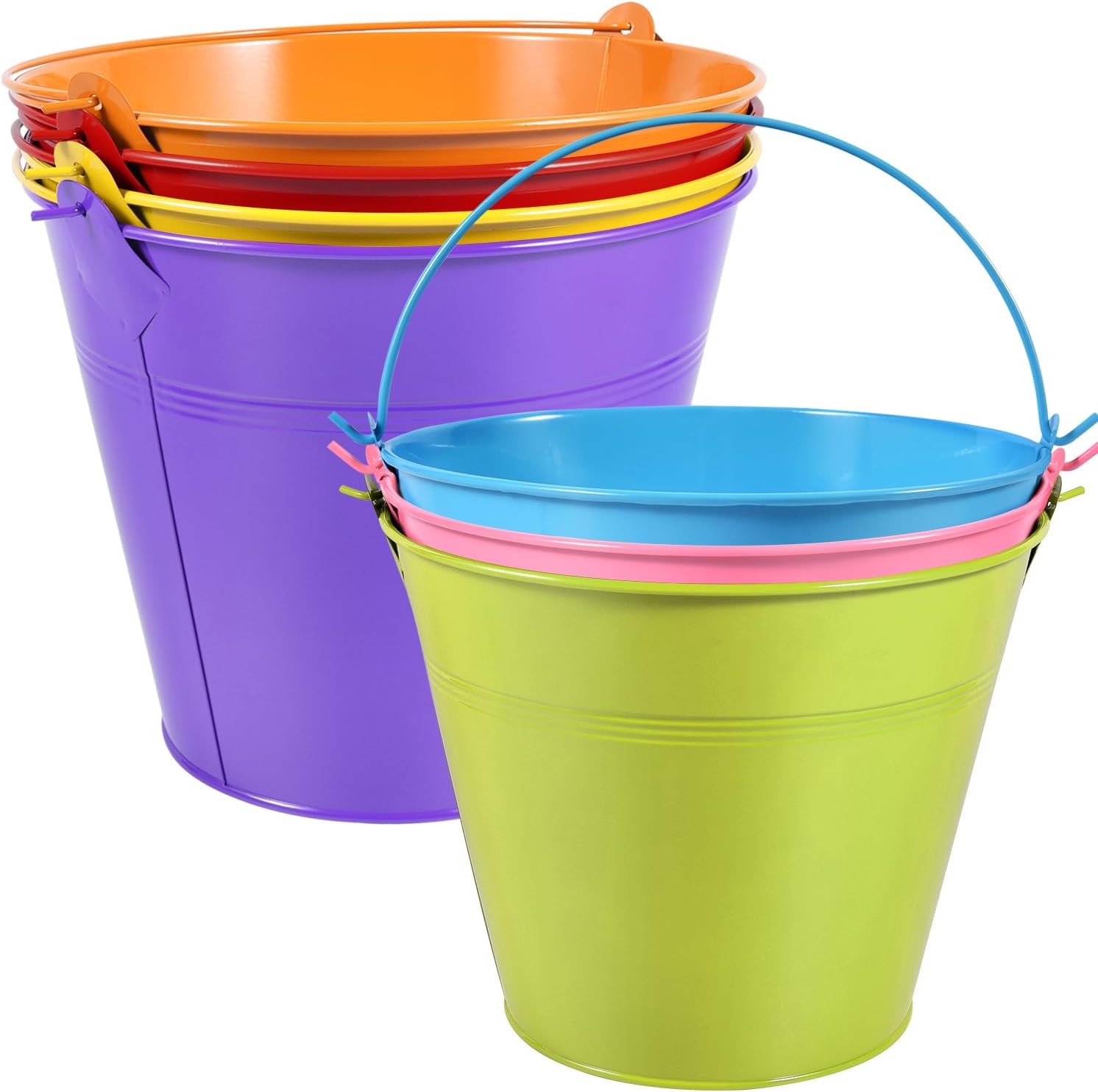 OBTANIM 7 Pack Colorful Metal Buckets with Handle Galvanized Ice Pails for Plants, Succulents, Party Favors Organizing, Rustic Home Decor or Classrooms Pencil Storage (9.1 x 6.7 inch)