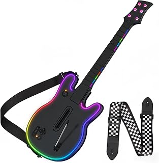 Lyvix Wireless Guitar Controller for PS4/PS3/PC RGB Light & Checkered Strap | Supports Guitar Hero 3/4/5, Rock Band 1/2, Clone Hero, and Fortnite Festival; includes an audio jack