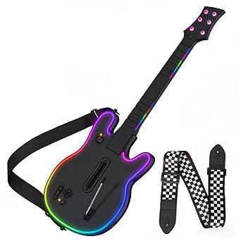Lyvix Wireless Guitar Controller for PS4/PS3/PC RGB Light & Checkered Strap | Supports Guitar Hero 3/4/5, Rock Band 1/2, Clone Hero, and Fortnite Festival; includes an audio jack