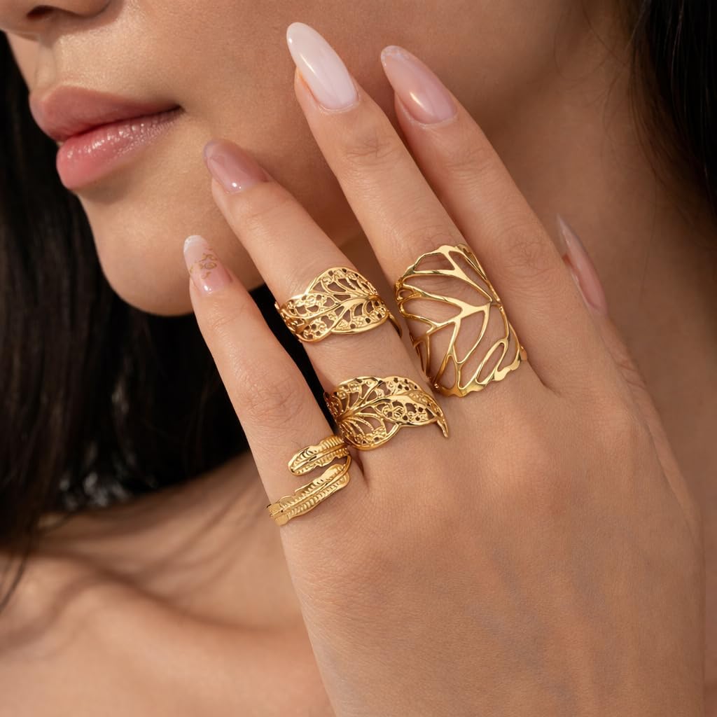 Gold Leaf Rings Set for Women, 3Pcs Boho Vintage Hollow Wrap Open Knuckle Finger Nature Inspired Statement Chunky Adjustable Trendy for Her Jewelry Gifts