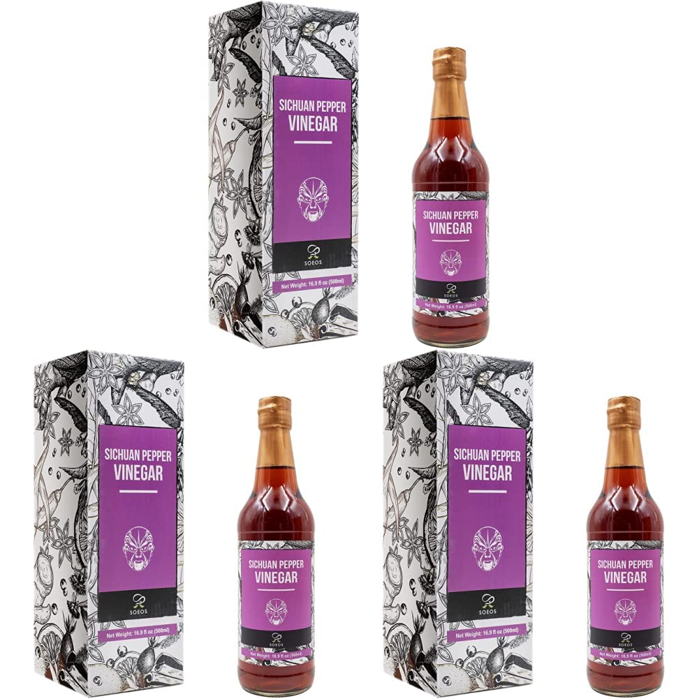 Soeos Sichuan Pepper Vinegar 16.9 fl oz (500ml), Naturally Fermented, Rice Vinegar, Vinegar with Sichuan Peppercorns, Wenzhou Vinegar, Hailuo Vinegar, Seasoned Rice Vinegar, Chinese (Pack of 3)