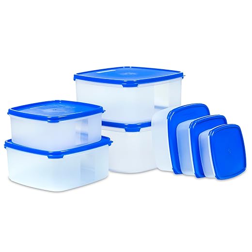 Varmora Store Fresh Modular Square Plastic Set of 7 Refrigerator Storage Container (Blue)