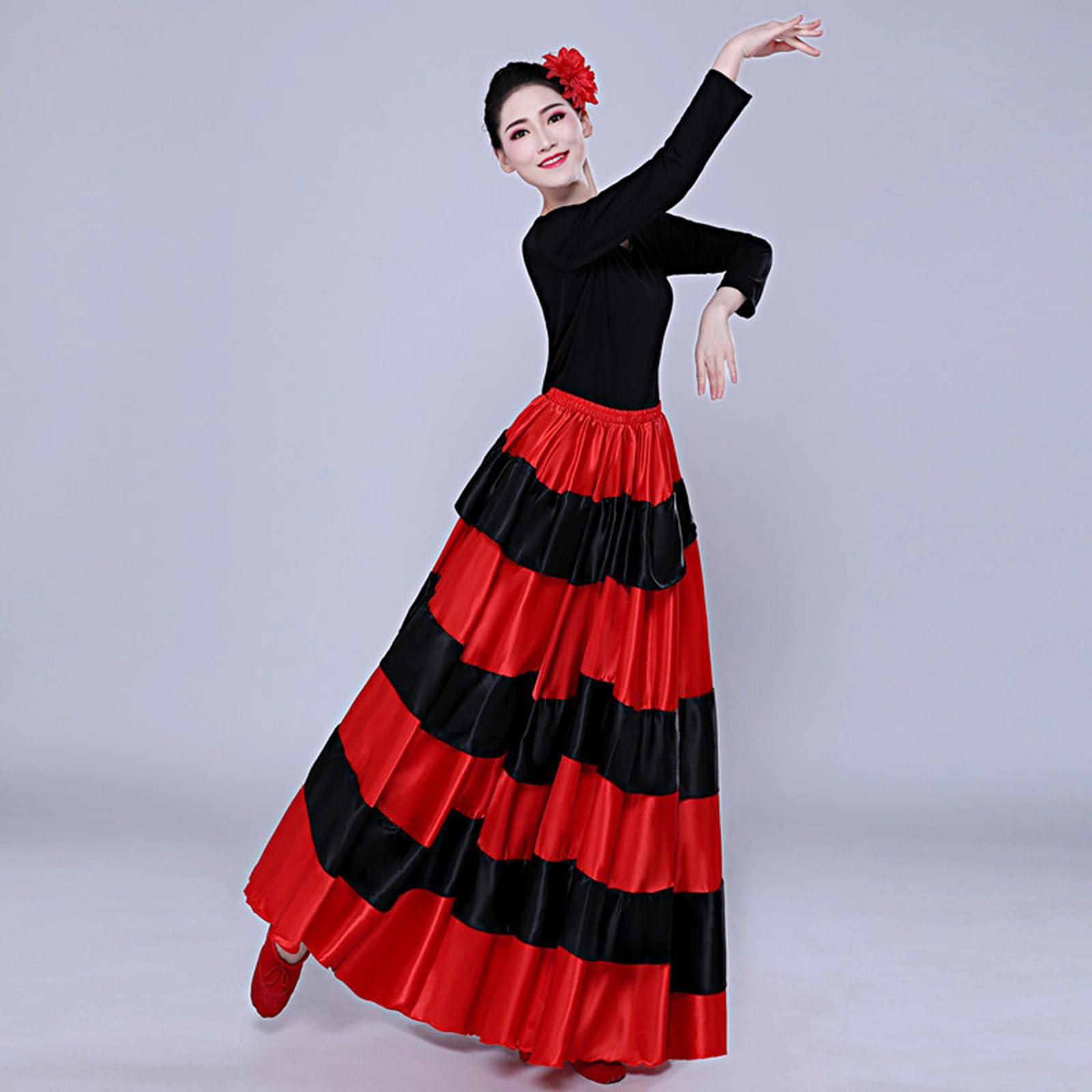 Damska czarna czerwona warstwowa długa spódnica do hiszpańskiego flamenco Meksyk Balet Folklorico spódnica do tańca brzucha długa spódnica flamenco hiszpański taniec duża huśtawka kostium na Halloween