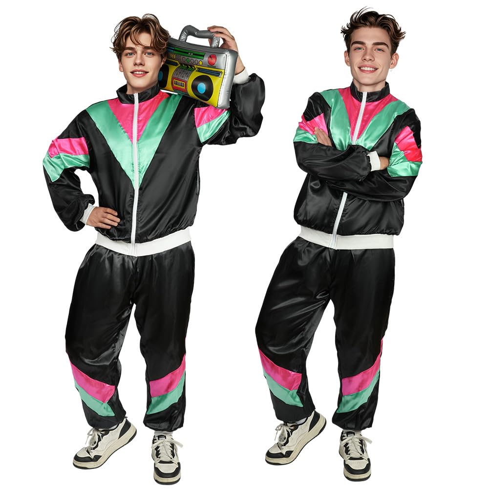 Matreeglam 80s Tracksuit Costume Men, 80s 90s Fancy Dress Costumes With Accessories Hip Hop Retro Tracksuit Jacket For Hippie Disco Carnival Halloween Gold 2xl