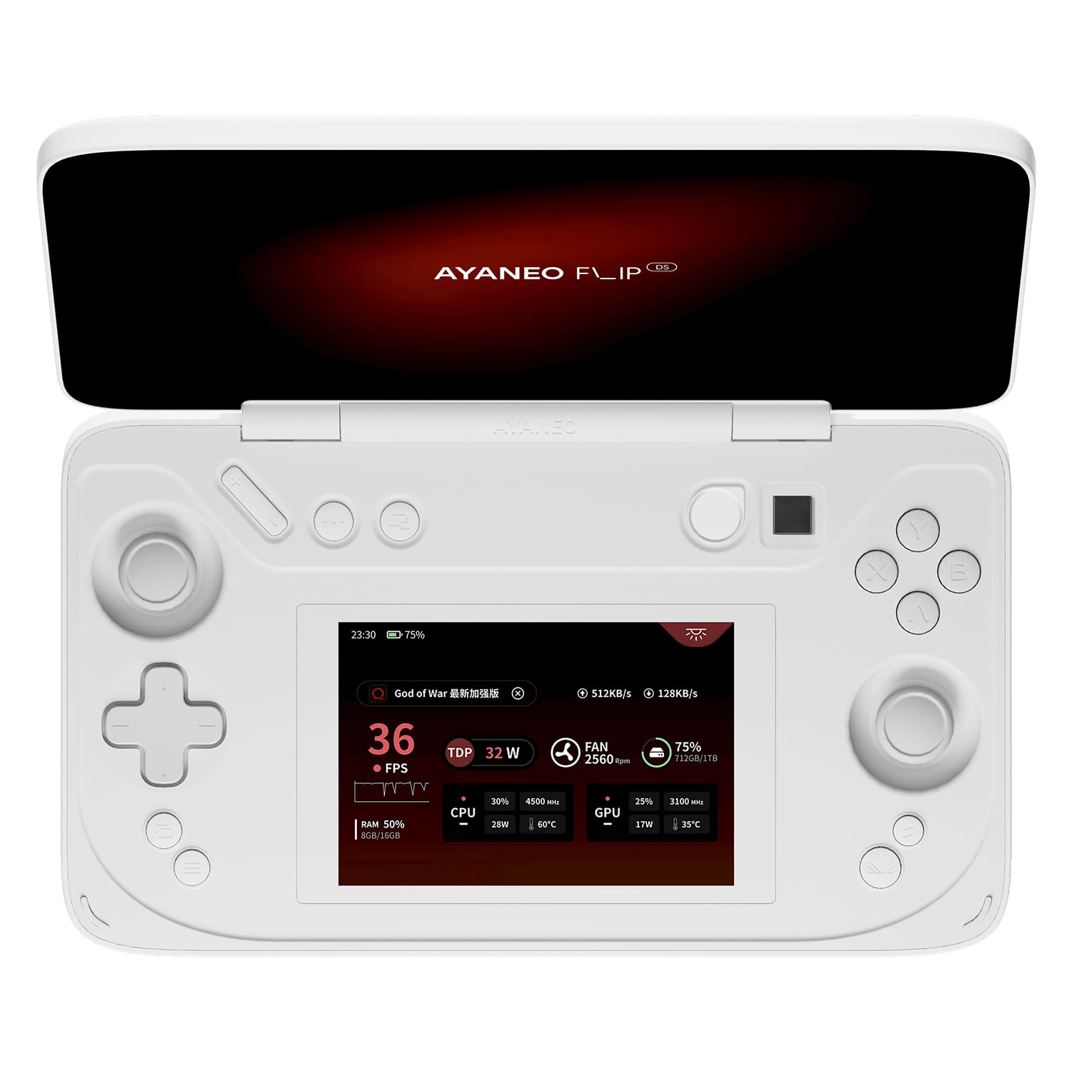 AYANEO Flip DS showing its 7-inch 120Hz main display