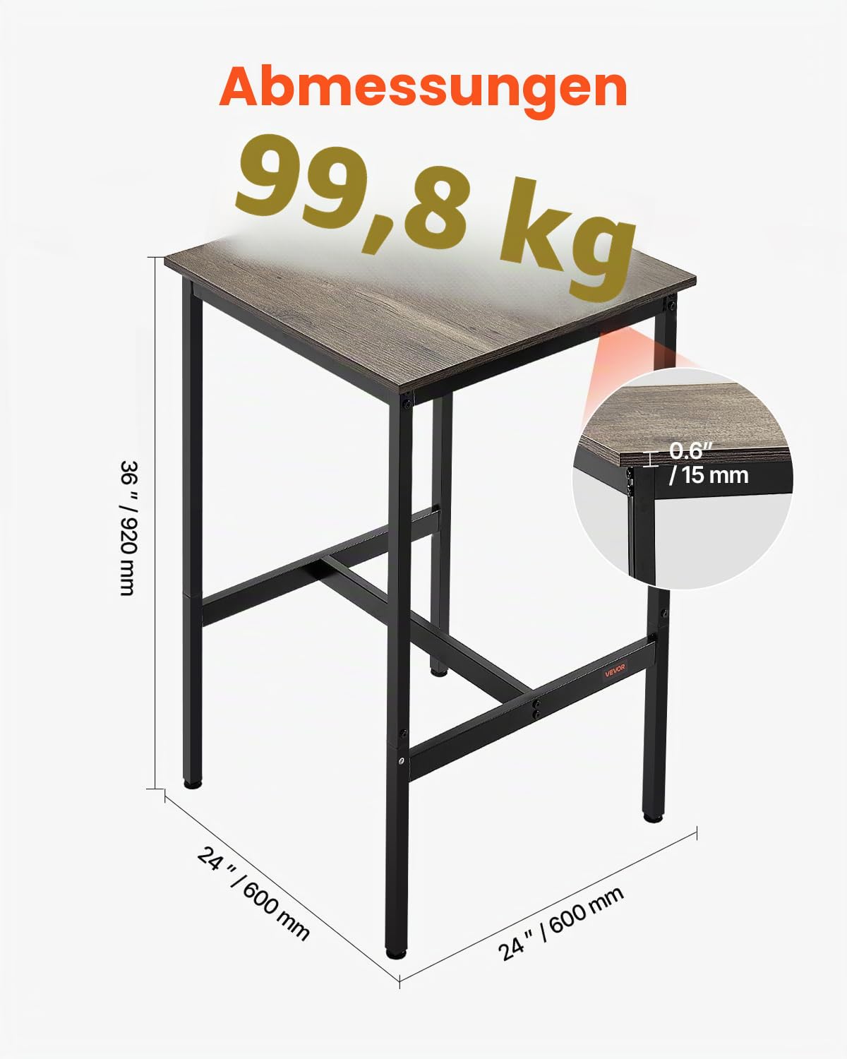 VEVOR Bartisch Bistrotisch Kneipentisch mit Metallrahmen, Kleiner Küchentisch Esstisch (610 x 610 x 914 mm), Ausstellungstisch für Wohnzimmerpartys Pubs Esszimmer Cafés, rustikales Braun & Schwarz