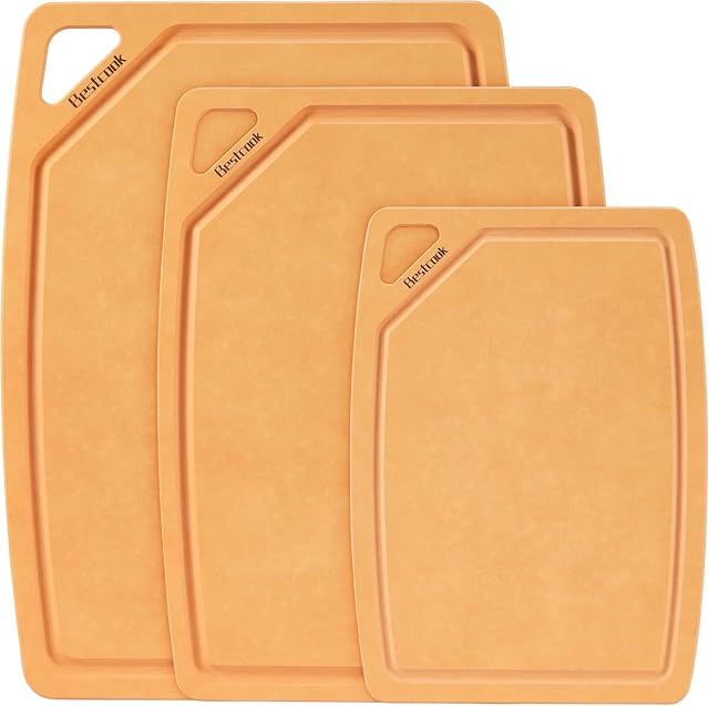 BESTCOOK Ensemble de planches de coupe en fibre de bois 3, Panneaux de coupe composites avec rainure de jus, lave-vaisselle sans danger, non toxique, sans BPA, non poreux, pieds non glissants, durable pour couper la viande, les légumes, les fruits