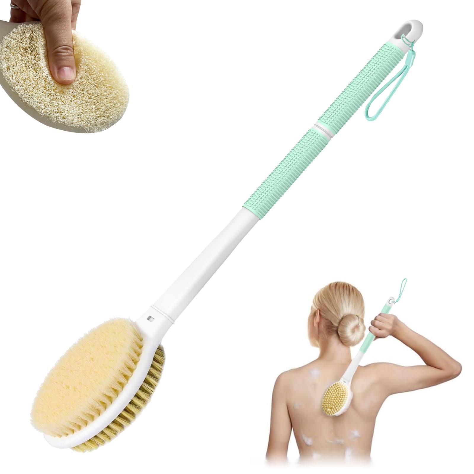 elzle Back Tea Towel, Shower Brush with Long Handle 44cm, Double Sided Brush with Hard and Soft Bristles, Exfoliating for Women, Men and Elderly