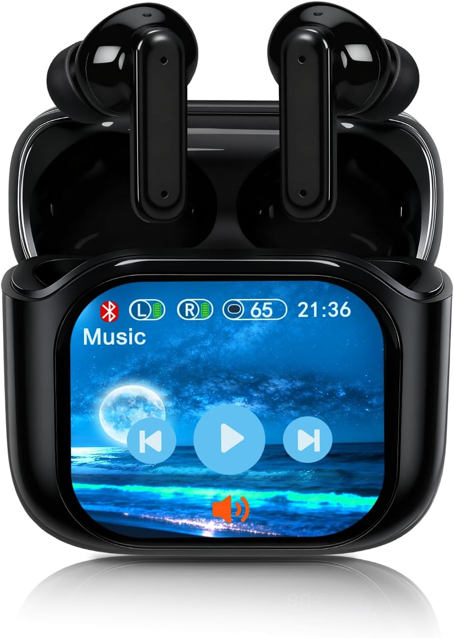 Smart Earphones with Touchscreen, Touch Screen Earbuds, Wireless Headphones Bluetooth 5.4, Touch Buds with LED Screen, ANC/ENC Noise Cancelling, 48H Playtime, for Work, Sport (Black)