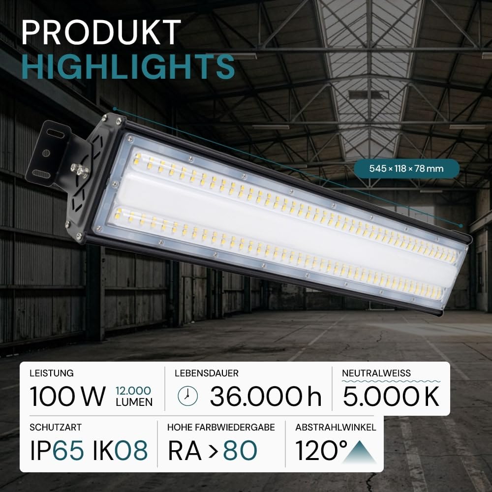 LUXULA LED Hallenleuchte High-Bay Hallenstrahler mit Marken-LEDs - 100W 12000lm - 5000K Neutralweiß Tageslicht - IP65 IK08 - linear - Industrielampe Werkstatt Lager Deckenleuchte Feuchtraumleuchte