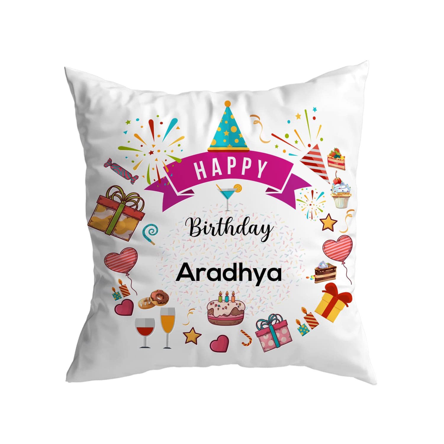 ASHVAH Aradhya Name Happy Birthday Cushion/Pillow Cover with Filler - Best Birthday Gift for Daughter, Sister, Wife, Return Gifts for Kids - Size - 12 x 12 inches