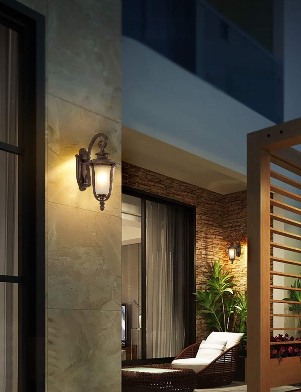 Buy 1 get 1 Designer Outdoor Wall Lanterns Rustic Exterior Light Fixture as Front Porch Light Wall Mount, 18 Waterproof Outdoor Wall Sconce, Brown Finish with Frosted Glass for Front Door Garage Patio