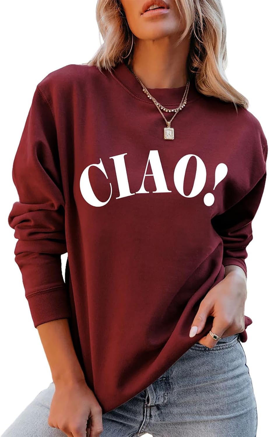 QYZ-Top Ciao Italian Hello Pullover - Womens Casual Long Sleeve Letter Italian Goodbye Graphic Sweatshirt Tops
