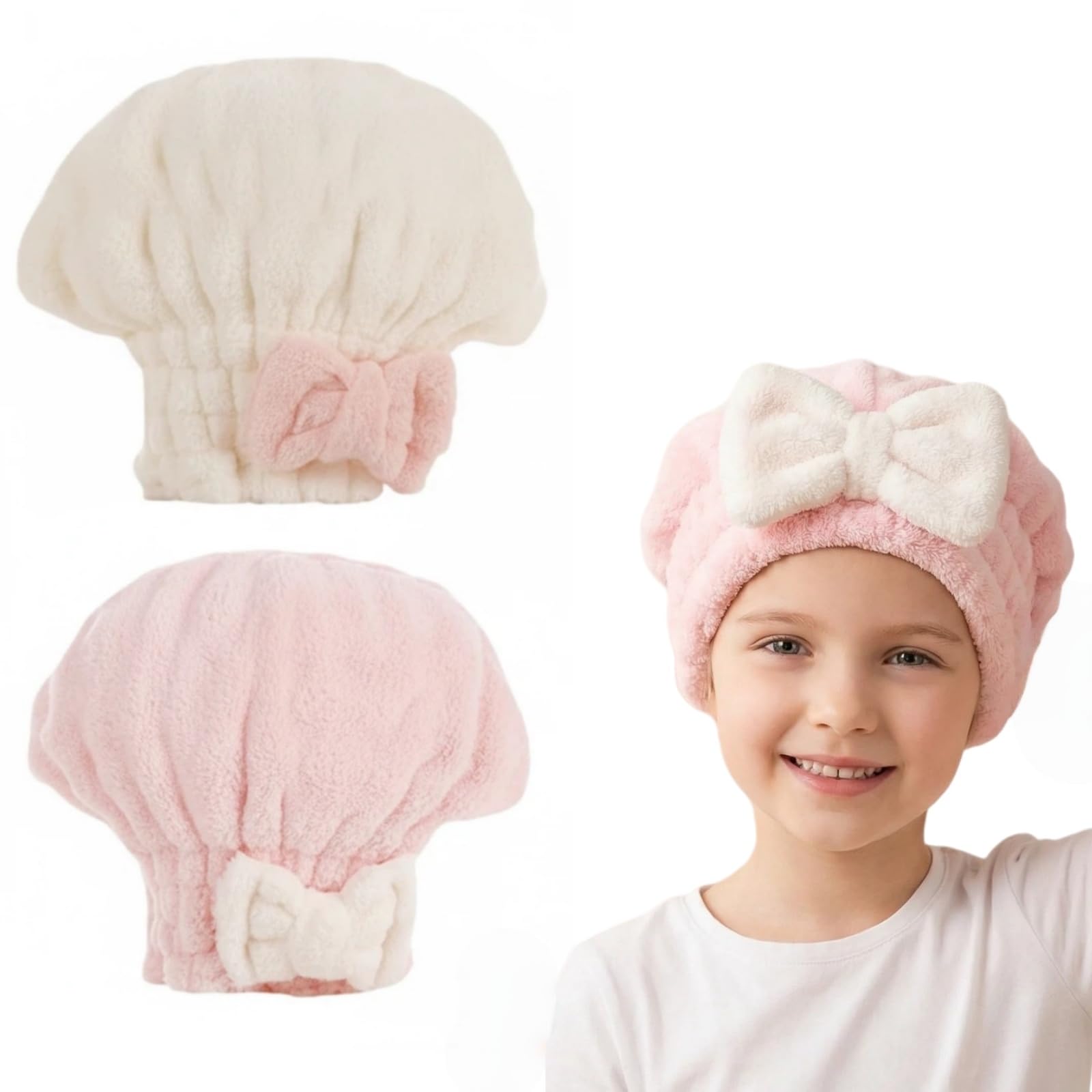 Mtbricey 2 Pieces Hair Towel Wrap for Kids Super Absorbent Microfibre Hair Towel Wrap Cute Hair Drying Cap Soft Kids Hair Drying Turban Wrap Quick Dry Head Towel Cap for Bath Spa Makeup (Bowknot B)