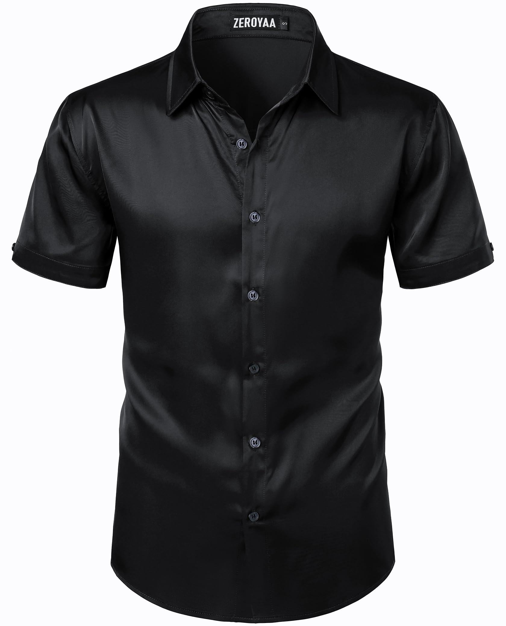 ZEROYAA Men's Hipster Shiny Silk Satin Shirt Regular Fit Short Sleeve Casual Button Down Dress Shirts for Summer Party