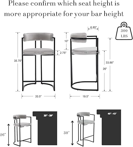 Miniatura 2 de Juego de 2 taburetes de mostrador de 26 pulgadas, modernos taburetes de bar de terciopelo gris, sillas de isla de cocina tapizadas con patas de