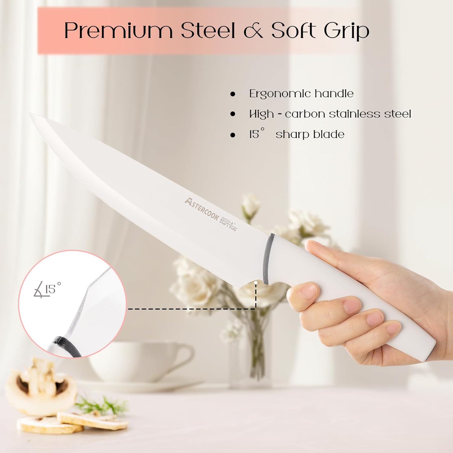 Astercook Knife Set with Block and Sharpener, 22 Piece Kitchen Knife Set Dishwasher Safe, Space-Saving Clear Knife Block with Knives for Everyday Home Cooking White - Image 5