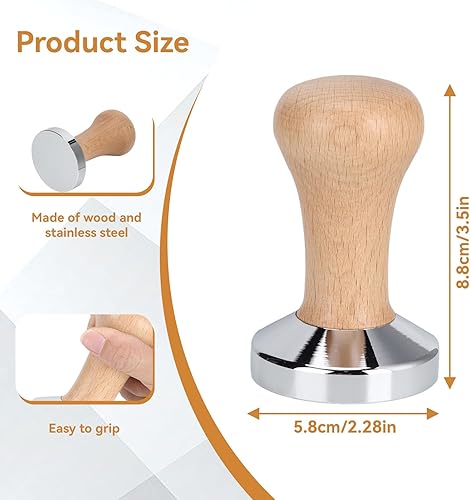 Miniatura 3 de Manipulador de café expreso, 2.362 in acero inoxidable café manipulador mango de madera base plana café en polvo prensa martillo espresso