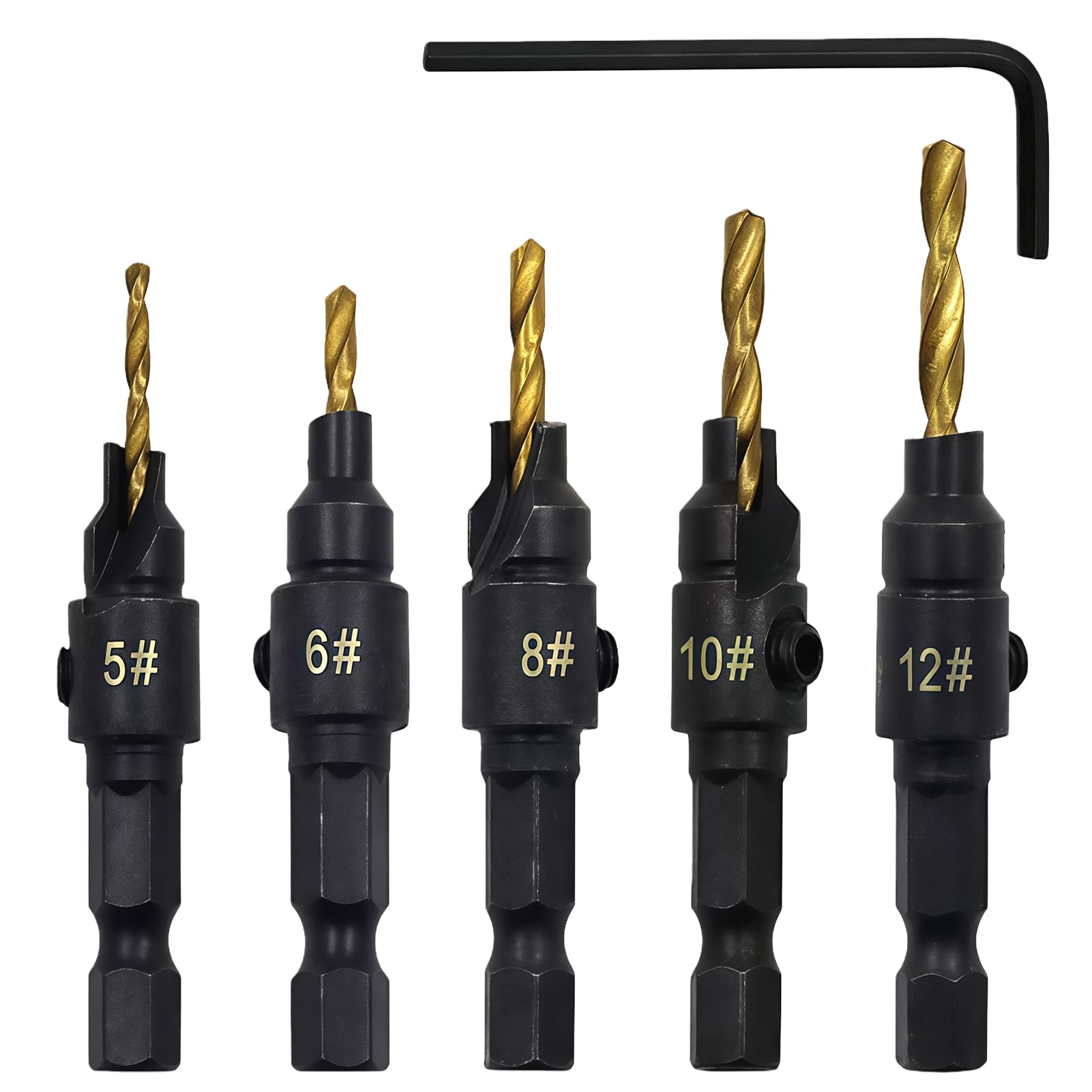 5Pcs Countersink Drill Bit Set, Quick Change 1/4inch Hex Shank Power Tools and HSS Quick Change Drill Bit, Woodworking Countersink Drill Bits