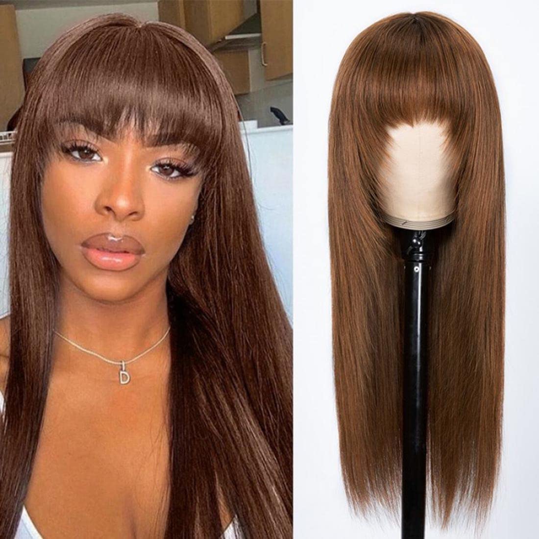 Straight Human Hair Wigs with Bangs Chocolate Brown Layered Cut Glueless Wigs Human Hair Ready to Wear Wig 4# Brown Wig Human Hair Color 16 inch - Image 2