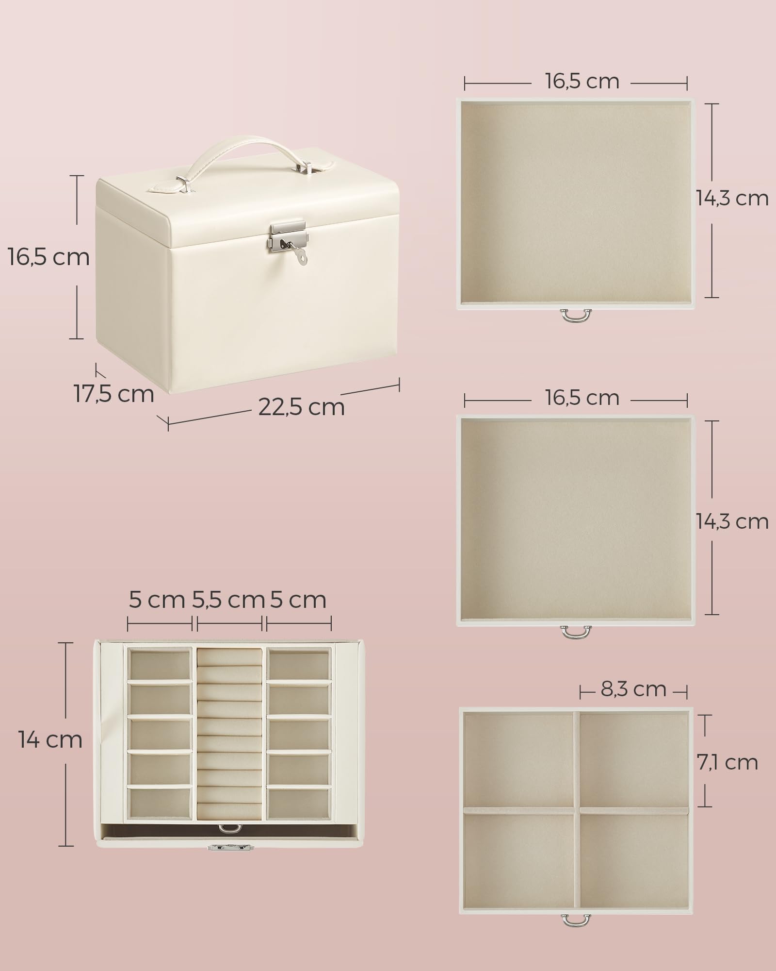 SONGMICS Scatola Portagioie, 4 Livelli, Porta Gioielli con Maniglie, 3 Cassetti, Specchio e Chiusura, Portagioie da Viaggio, Idea Regalo, Superficie Bianca Nuvola, Fodera Bianca Crema JBC159W02