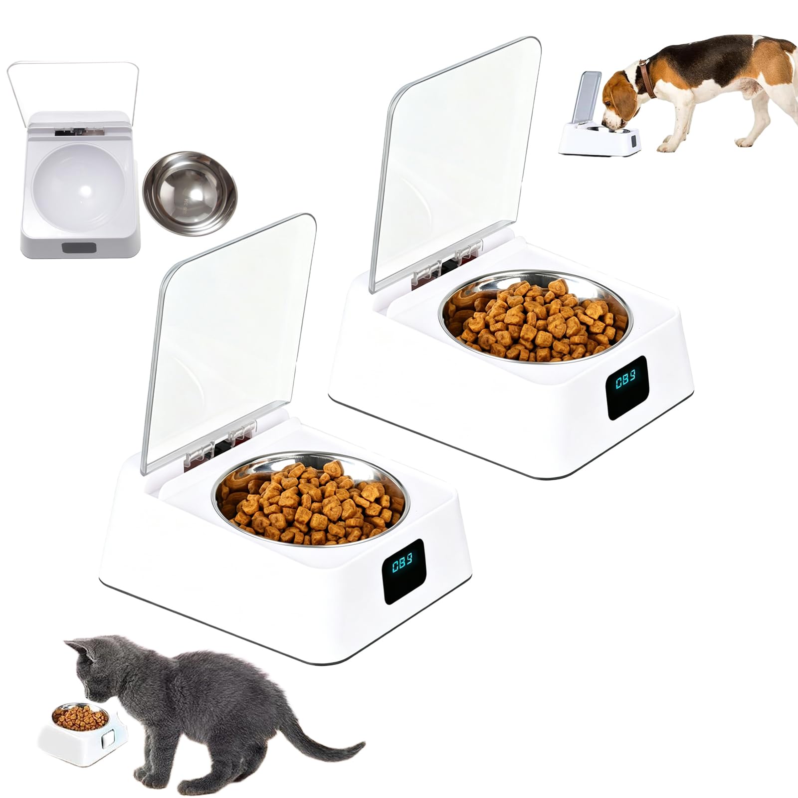 Automatic Pet Feeder Smart Cat&Dog Bowl with Infrared Sensor Lid Rechargeable, Dry or Wet Food (350ml) with Stainless Steel Bowl for Cats & Dogs Indoor Daily Feeding，2pc
