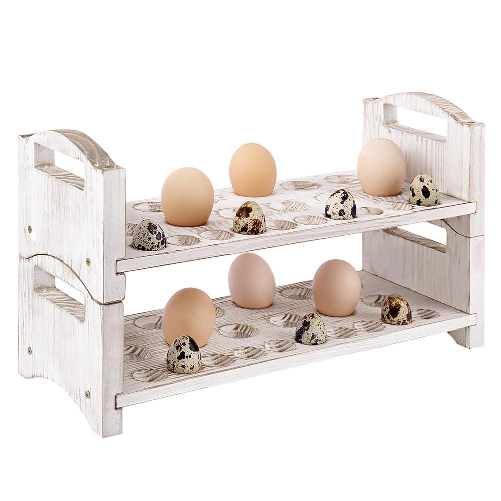 Wooden Egg Holder 2 Layer Fresh Egg Rack Holders Countertop Stackable Quail Egg Sorter Storage Trays Organizer Display Stand Kitchen Rack, Fits Duck,