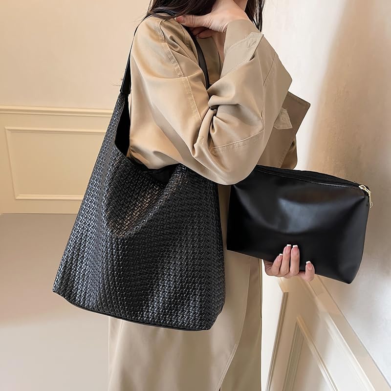 Woven Tote Bag for Women Top-handle Shoulder Bag, Leather Woven Beach Bag Hobo Bags Soft Vegan Handbag Underarm Black2
