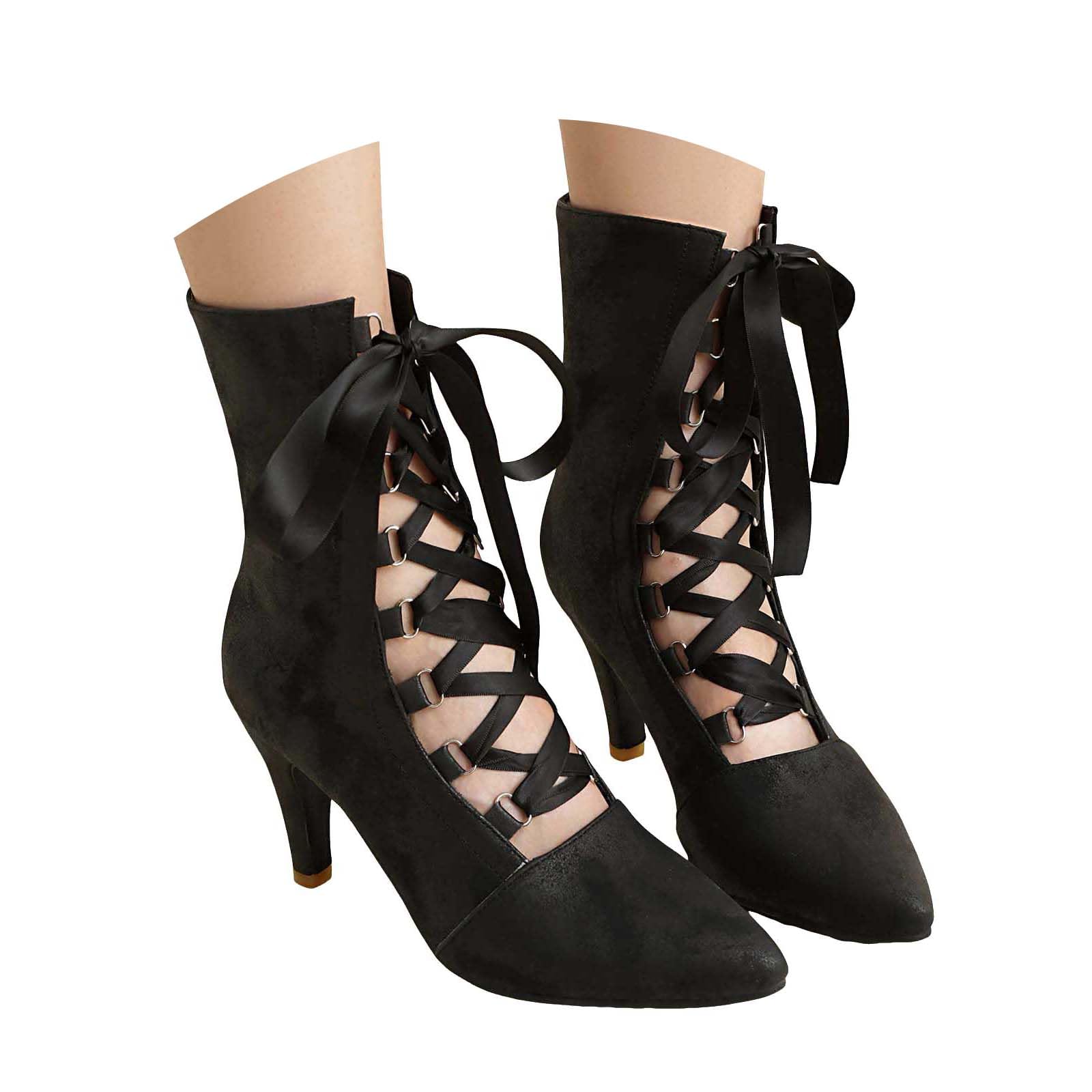 Womens Victorian Ankle Boots Kitten Heel Lace Up Fashion Vintage Booties with Zipper Women High Heels Medieval Witch