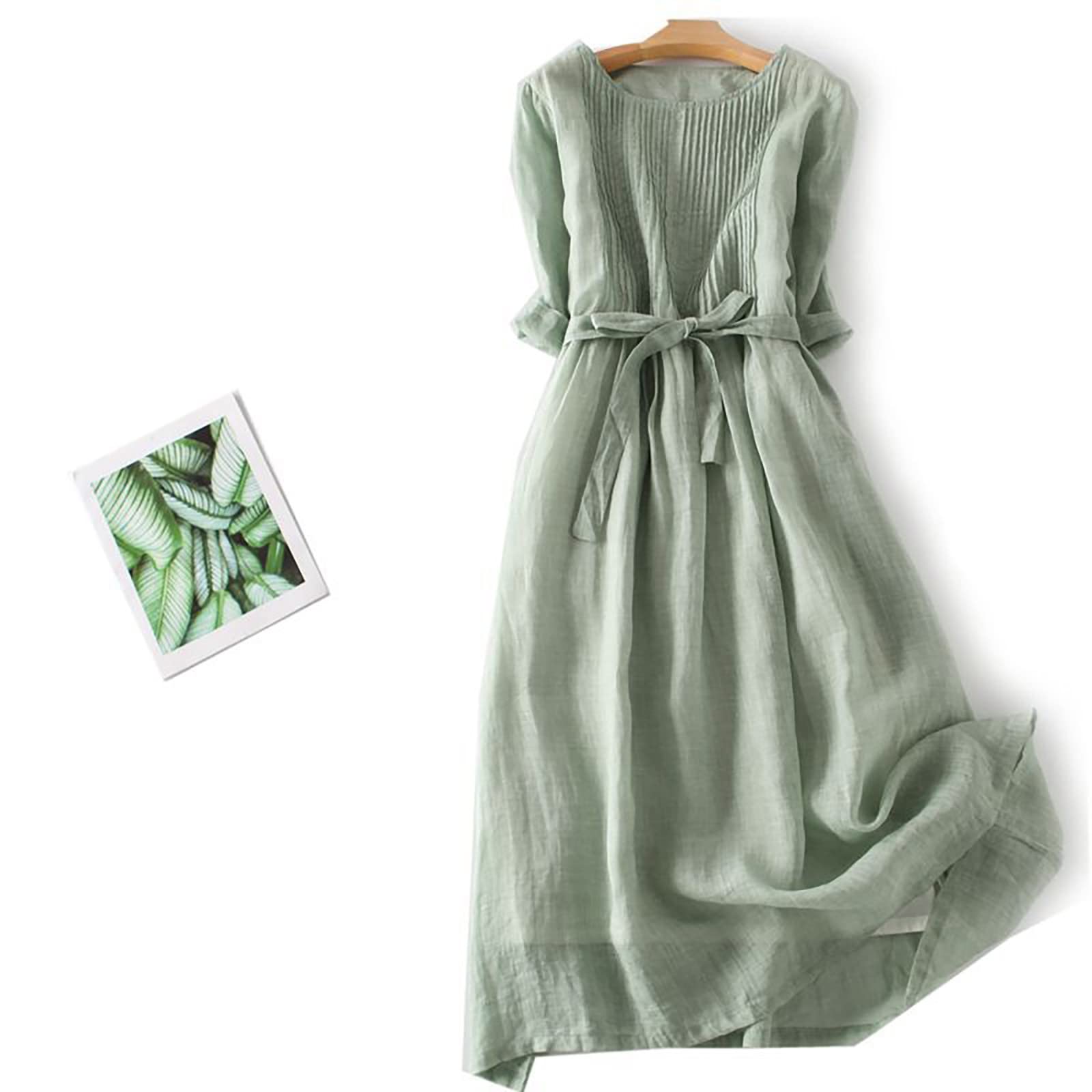 GOSEAGOTOFUN Womens Summer Wedding Guest Dresses with Sleeves Embroidered Sleeve A Line Comfy Linen Vacation Dress Trendy