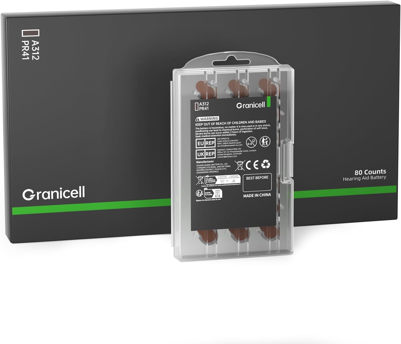 Granicell Hearing Aid Batteries Size 312, Long Lasting Zinc-Air Batteries, 1.45 Volt, Easy to Open, Mercury and Cadmium Free, 120 Count