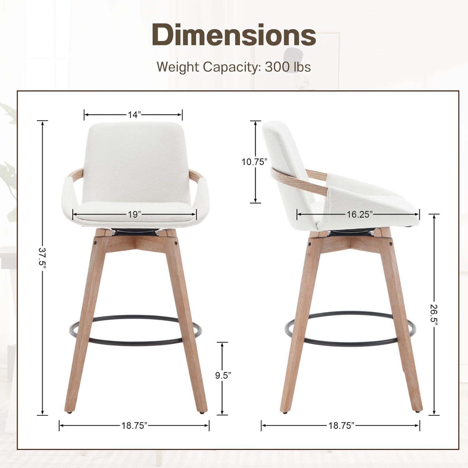 HEAH-YO Modern Counter Stools Set of 4, Upholstered 26 Inches Counter Height Bar Stool with Backrest, Swivel Kitchen Stool for Island, Linen White