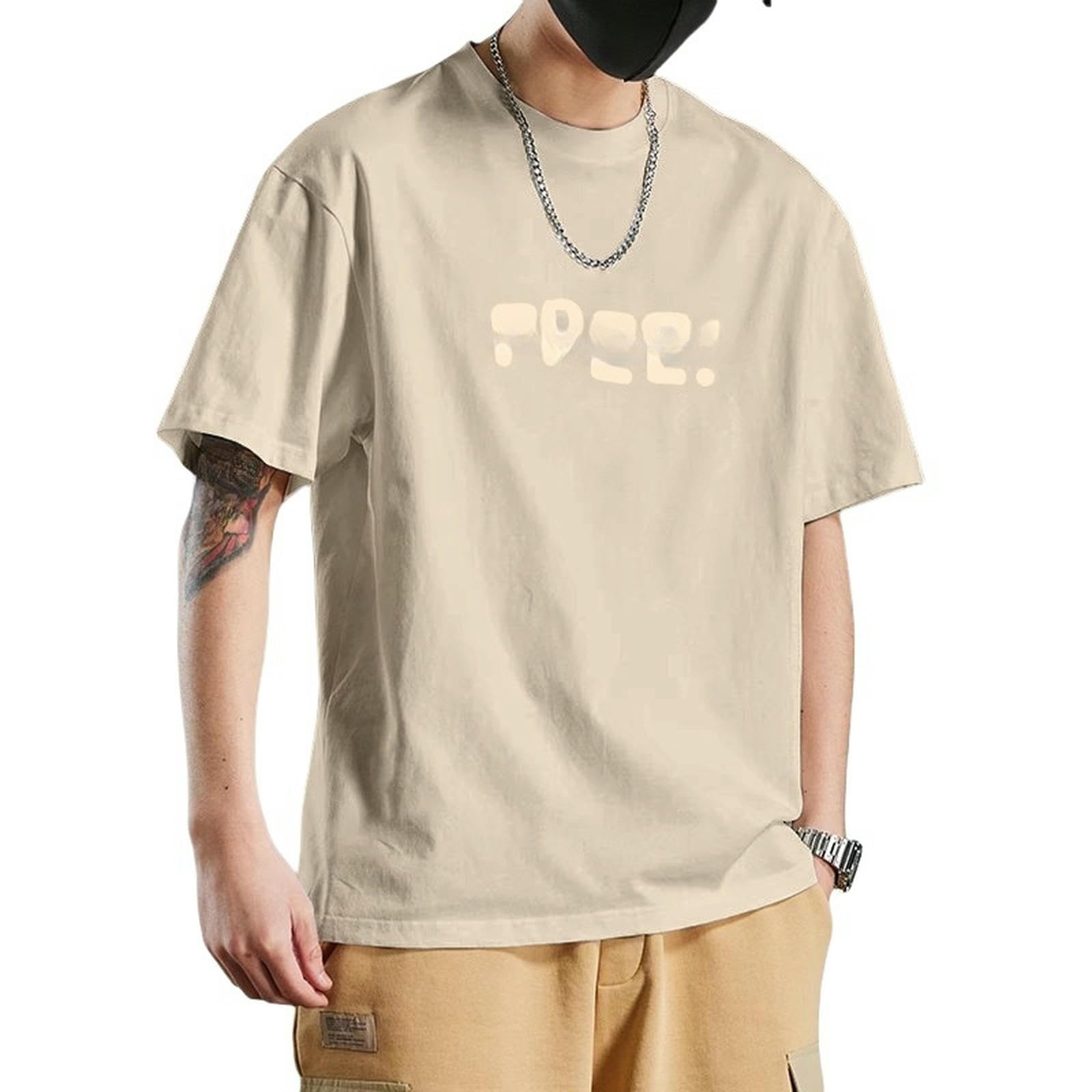 T-shirt męski na lato luźny All-Match T-shirt z krótkim rękawem z prostymi nadrukami khaki l