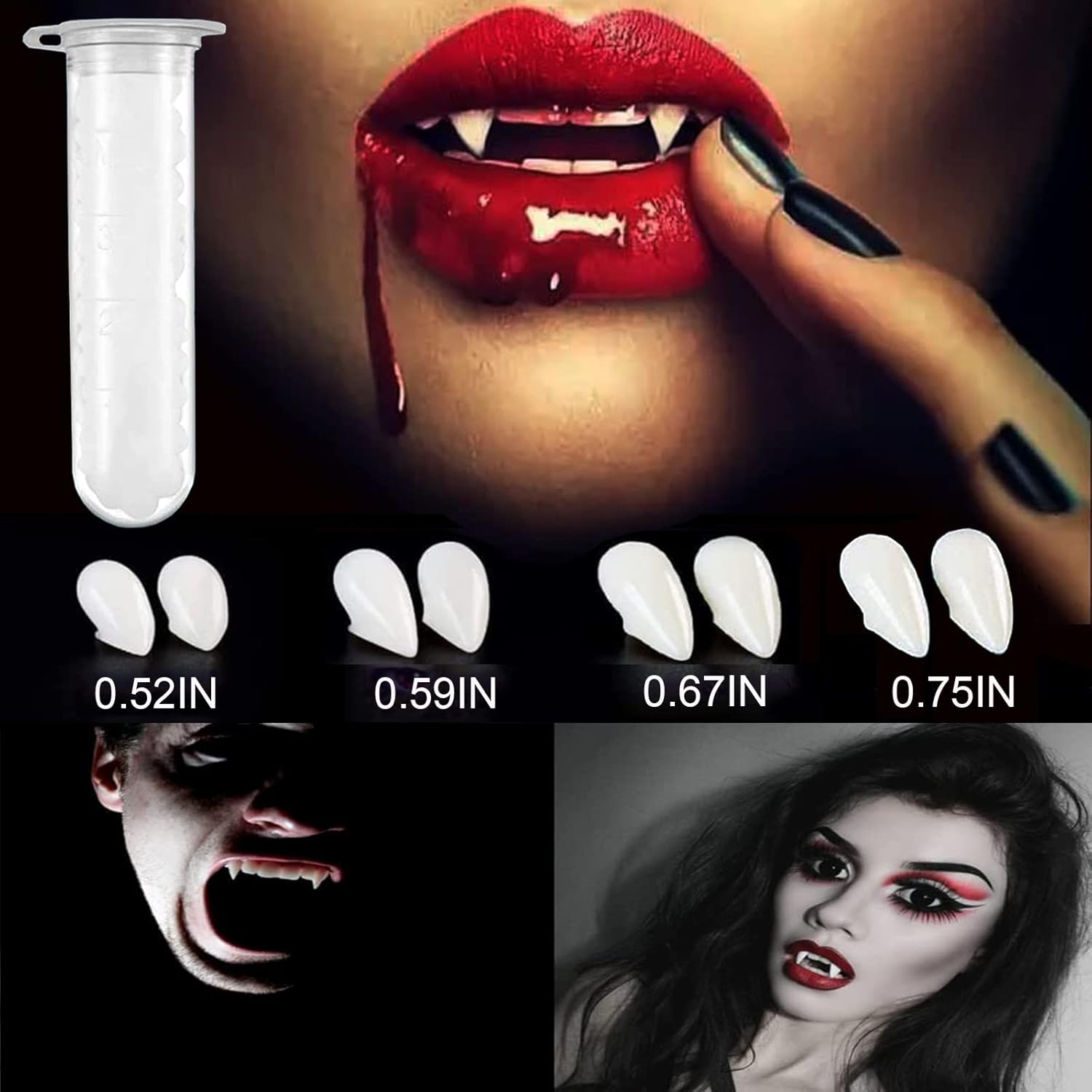 Pigdun 4 Pairs Vampire Teeth with Adhesive,4 Sizes Vampire