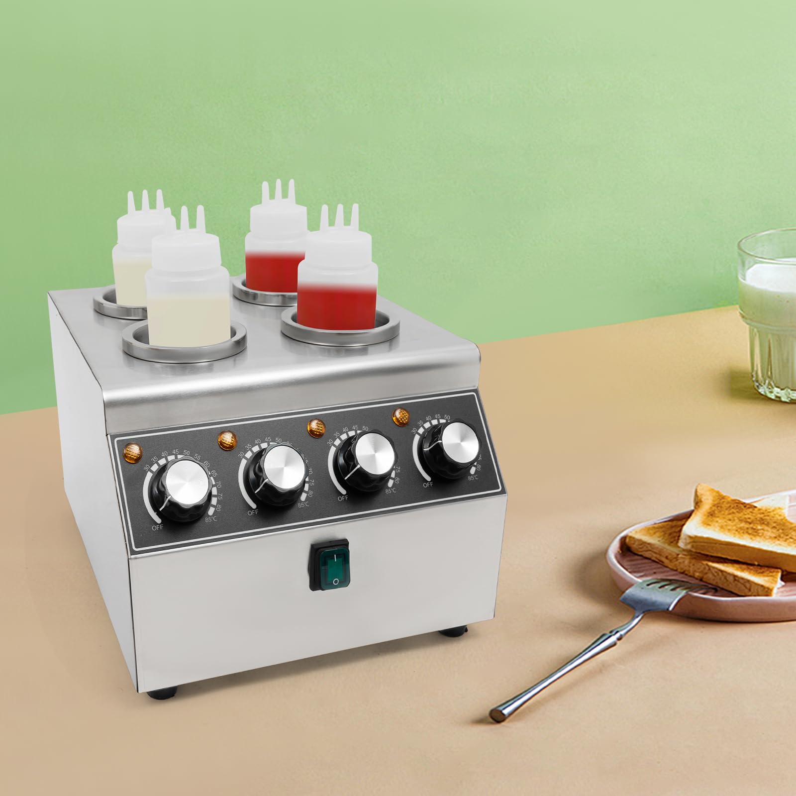 Chauffe-Sauce Électrique 4 Bouteilles Inox – 800W – 30-85°C – Avec Interrupteurs Indépendants Et Bouteilles 0.68L