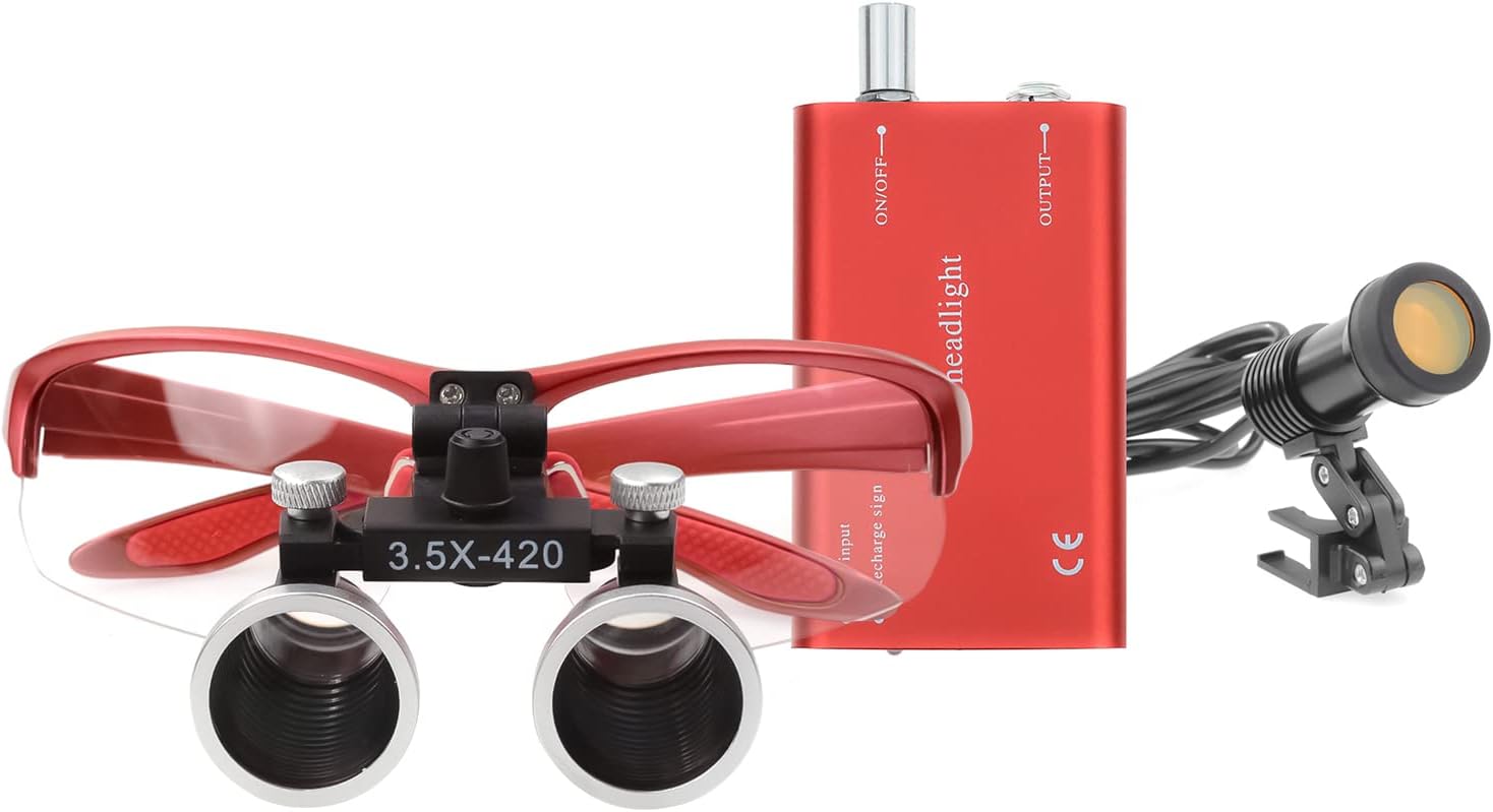 DY-009 LED Headlamp with 3.5X Magnifier 5+ Hours Runtime & Aluminum Box Color Red