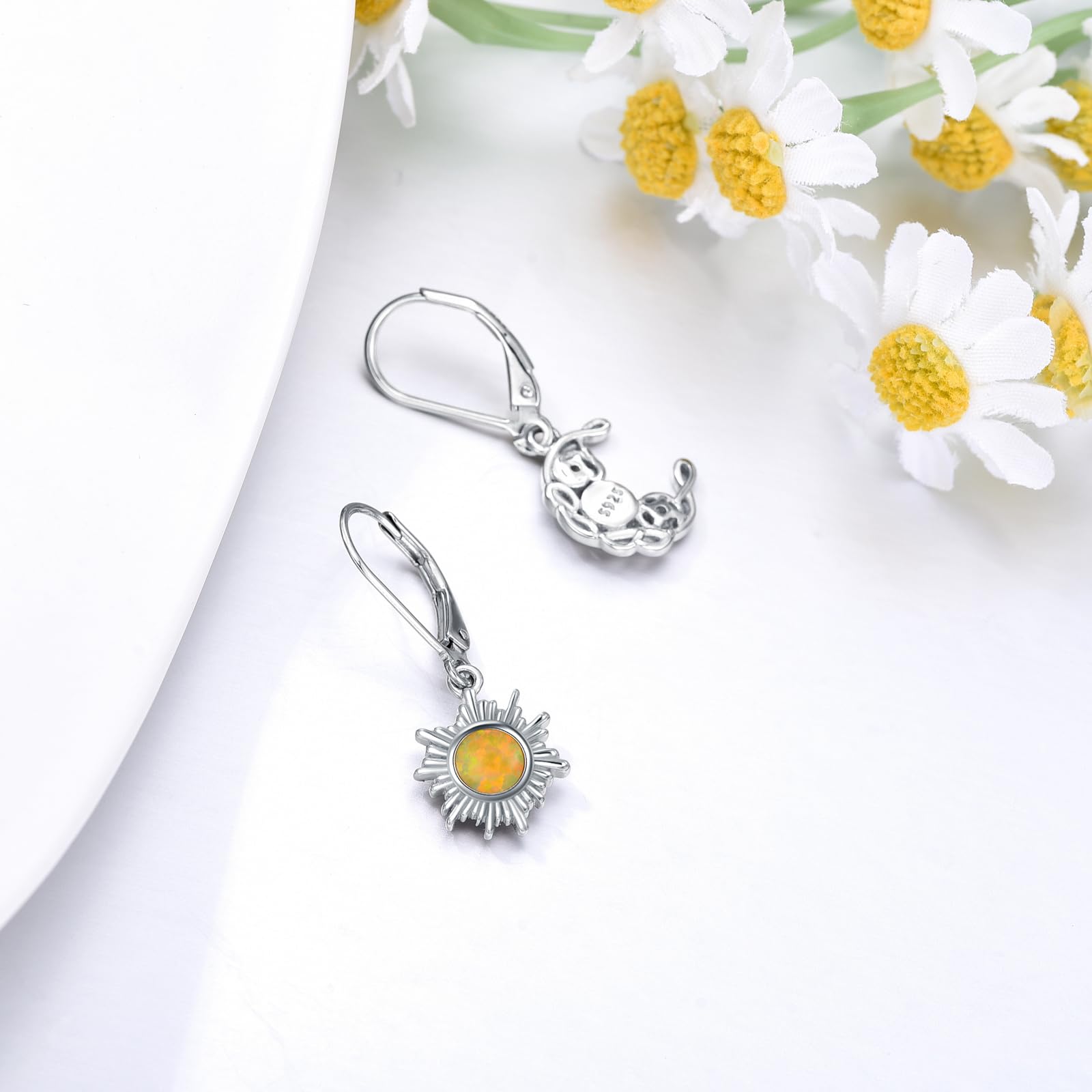 Sonne Mond Ohrringe für Damen 925 Sterling Silber Halbmond Sonne Opal Tropfen Ohrringe Himmlischer Schmuck Geschenk für Ehefrau Freundin Tochter