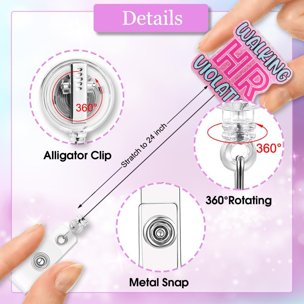 ERHACHAIJIA Walking HR Violation Retractable Pink Glitter Badge Reel with Clip, Funny ID Badge Holder Gift for Office Worker Night Shift Coworker, Human Resource Gift, Thank You Gift for New Office - Image 3
