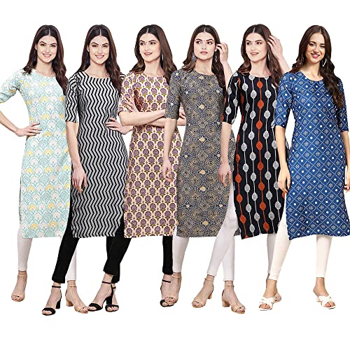 Image of Pinkmint Women's Crepe Digital Print Straight Kurta [Pack of 6] (CKE-329-353-330-333-341-343)