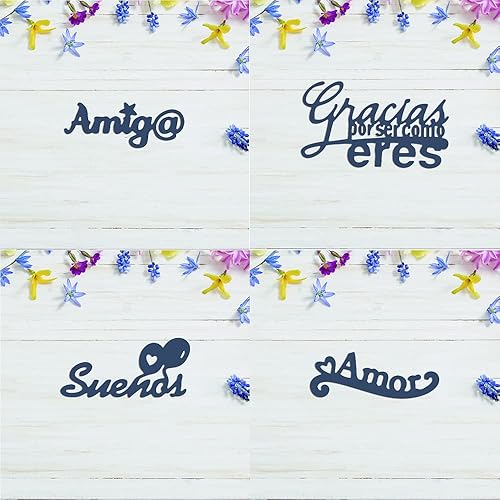 Paquete de 4 troqueles españoles para hacer tarjetas, alfabetos, palabras, troqueles de corte de metal, para manualidades, álbumes de recortes,