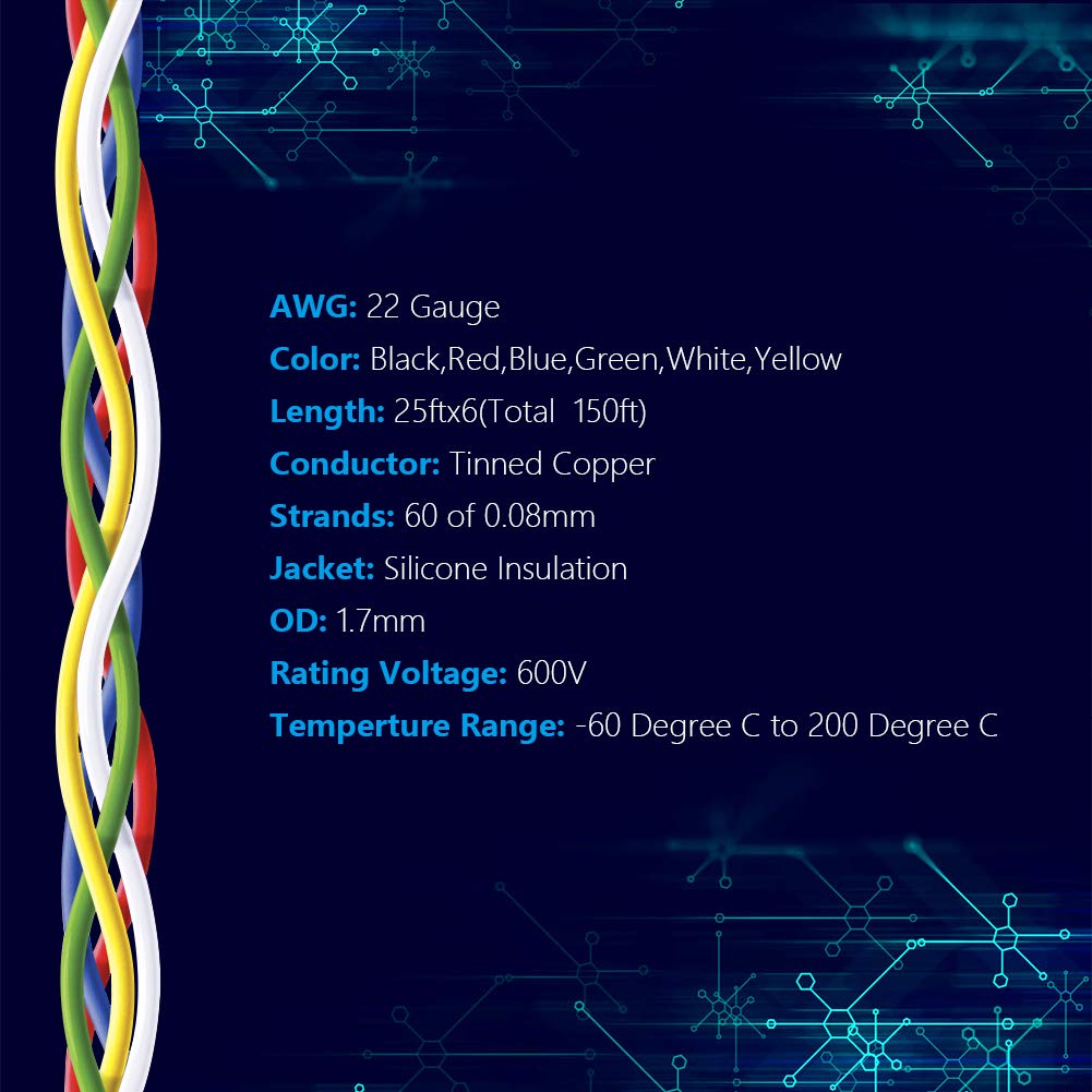 Fermerry 22 AWG Stranded Wire Spool 25ft Each 6 Colors Flexible 22 Gauge Silicone Hook up Wire Kit Electrical Tinned Copper Wire - Image 2