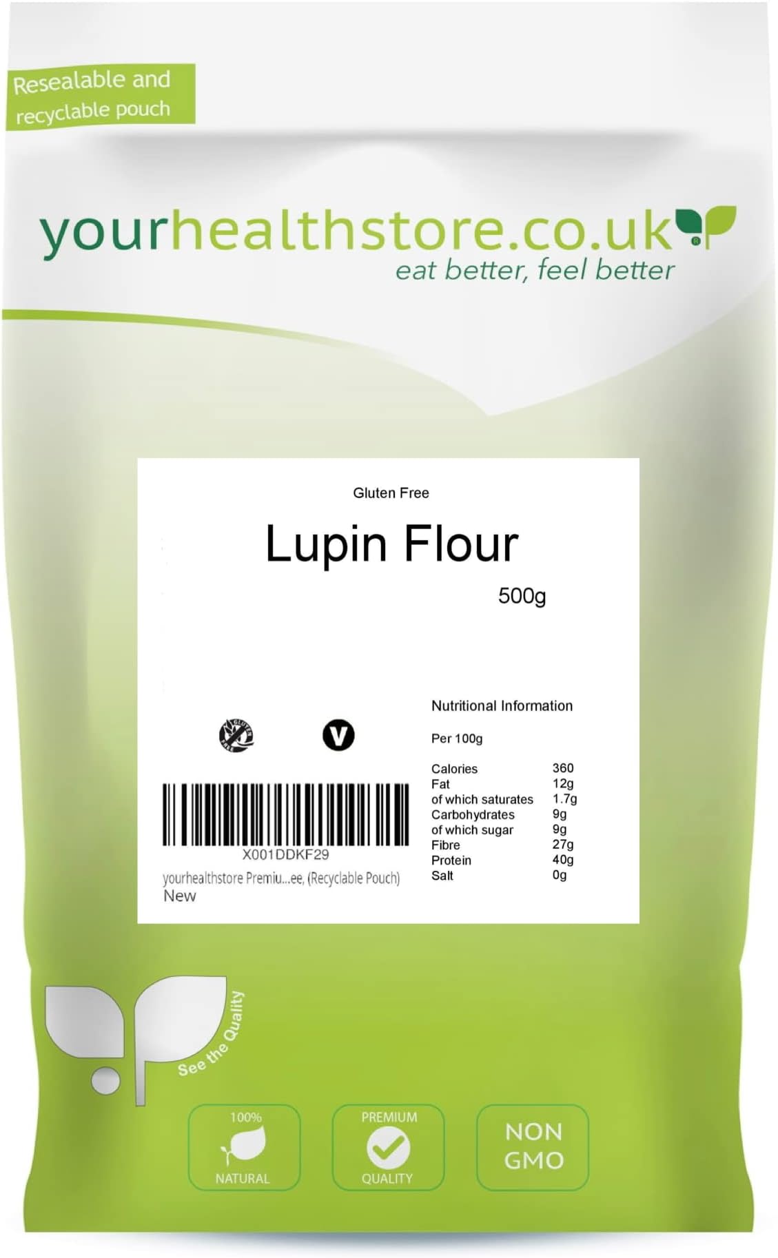 yourhealthstore Premium Lupin Flour 500g, Keto, Vegan, Gluten Free, (Recyclable Pouch)