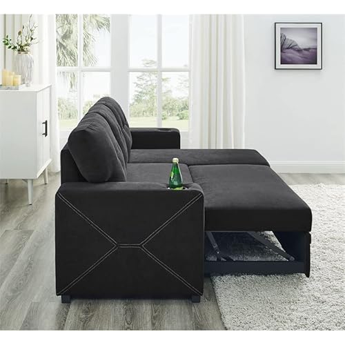 Partner Furniture Upholstery Polyester Blend Fabric Convertible Sectional Sleeper Sofa With Cup Holders In Black #TOP4