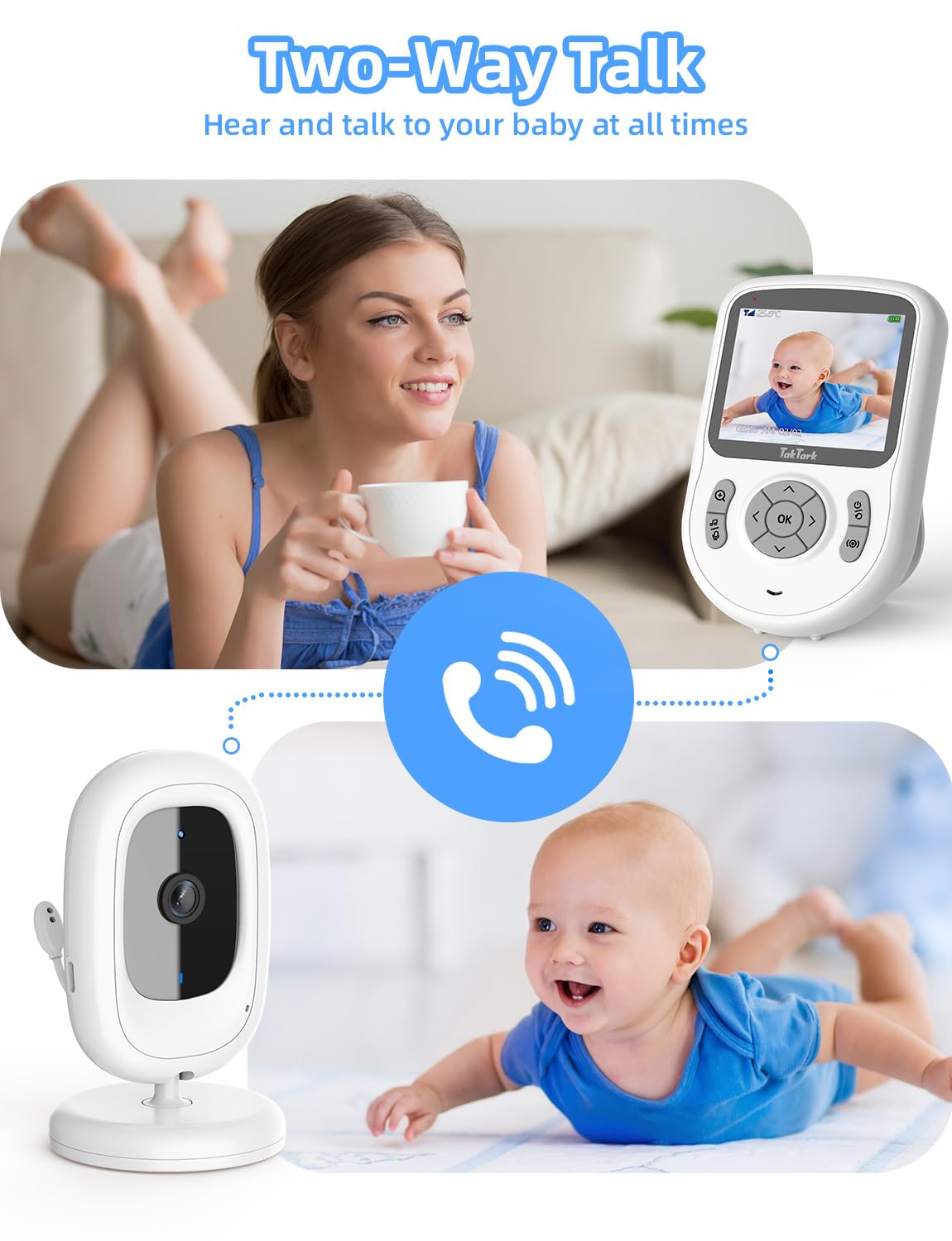 TakTark Elektroniczna niania z kamerą 2,8 cala, wideo-niania 720p, IPS, bez Wi-Fi, akumulator 750 mAh, 2-drożne rozmowy, tryb VOX, 3 x zoom cyfrowy, widoczność w nocy, monitorowanie temperatury,