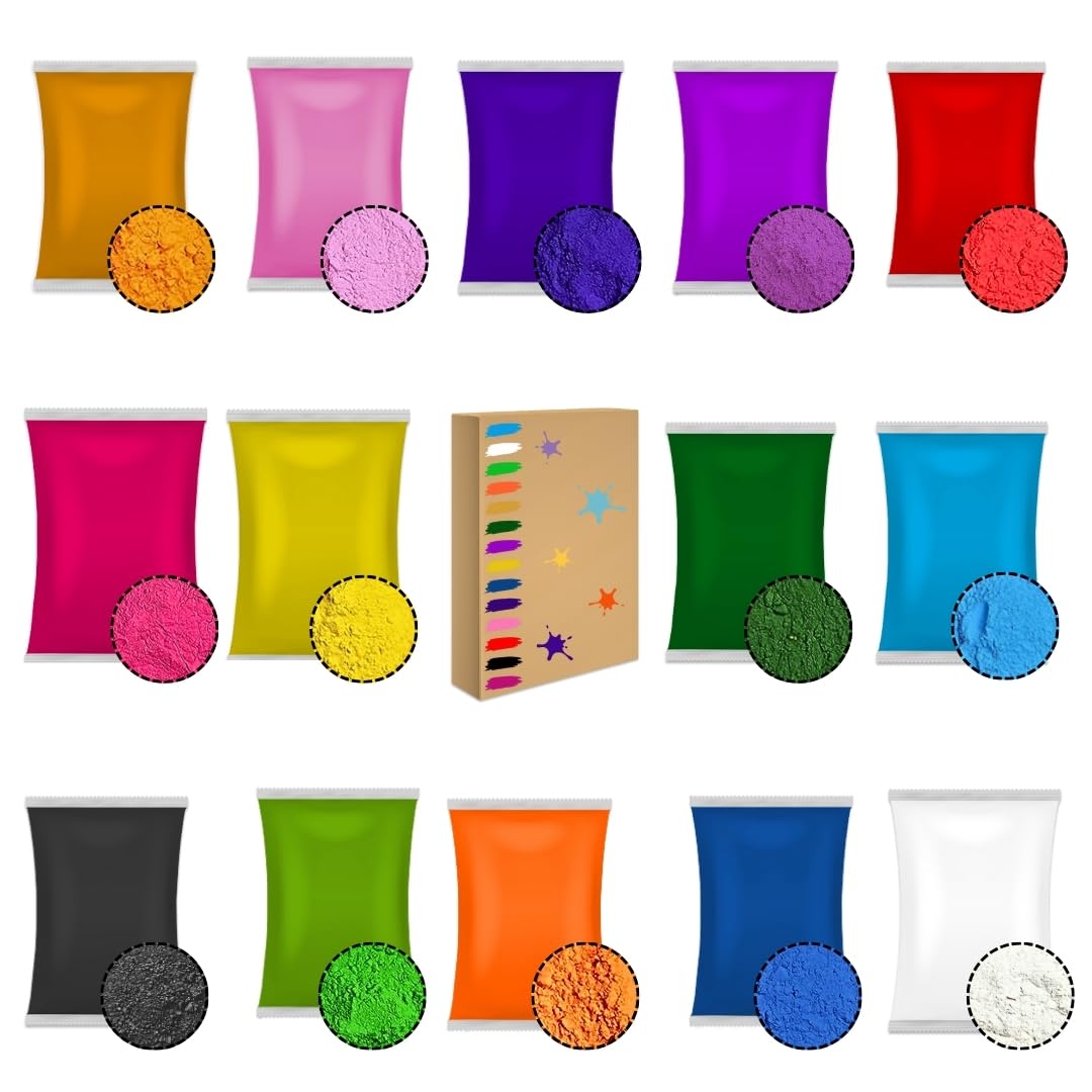 Confezione di polvere Holi in 14 colori naturali, 14 x 75 g, lavabile, non tossico, colore gesso per divertimento, corsa, festival, servizi fotografici, maratone e sesso rivela guerre di colore