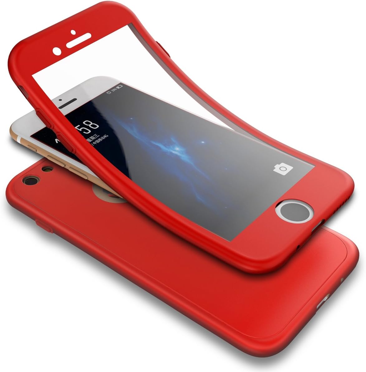 iPhone 7 Case,iPhone 8 Case,PHEZEN Shockproof 360 Degree Full Body Protection Slim Fit Front and Back Matte TPU Silicone Case with Tempered Glass Screen Protector for iPhone 7/iPhone 8, Red