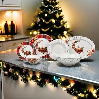 Complete Christmas Dinner Set Porcelain for 6 People - 26 Pieces: 6 Large Plates, 6 Holes, 6 Bowls, 1 Meat Plate, 1 Salad Bowl