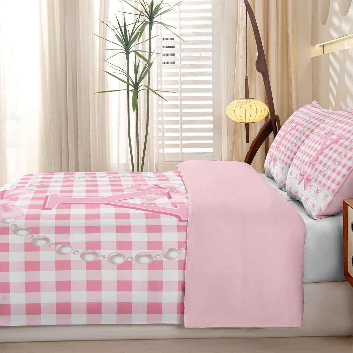 Homewish Rosa Monogramm Schleife Bettbezug 155x220cm 4teilig